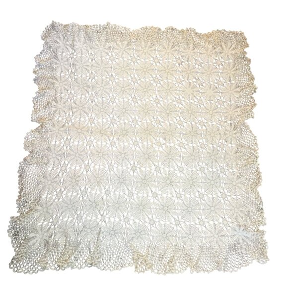 Lace Tablecloth Handmade Crochet  62" Sq Ivory Cotton Farmhouse Cottagecore - Picture 6 of 7